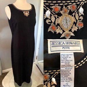 JESSICA HOWARD Long black linen dress sleeveless Embroidered Embellished 12